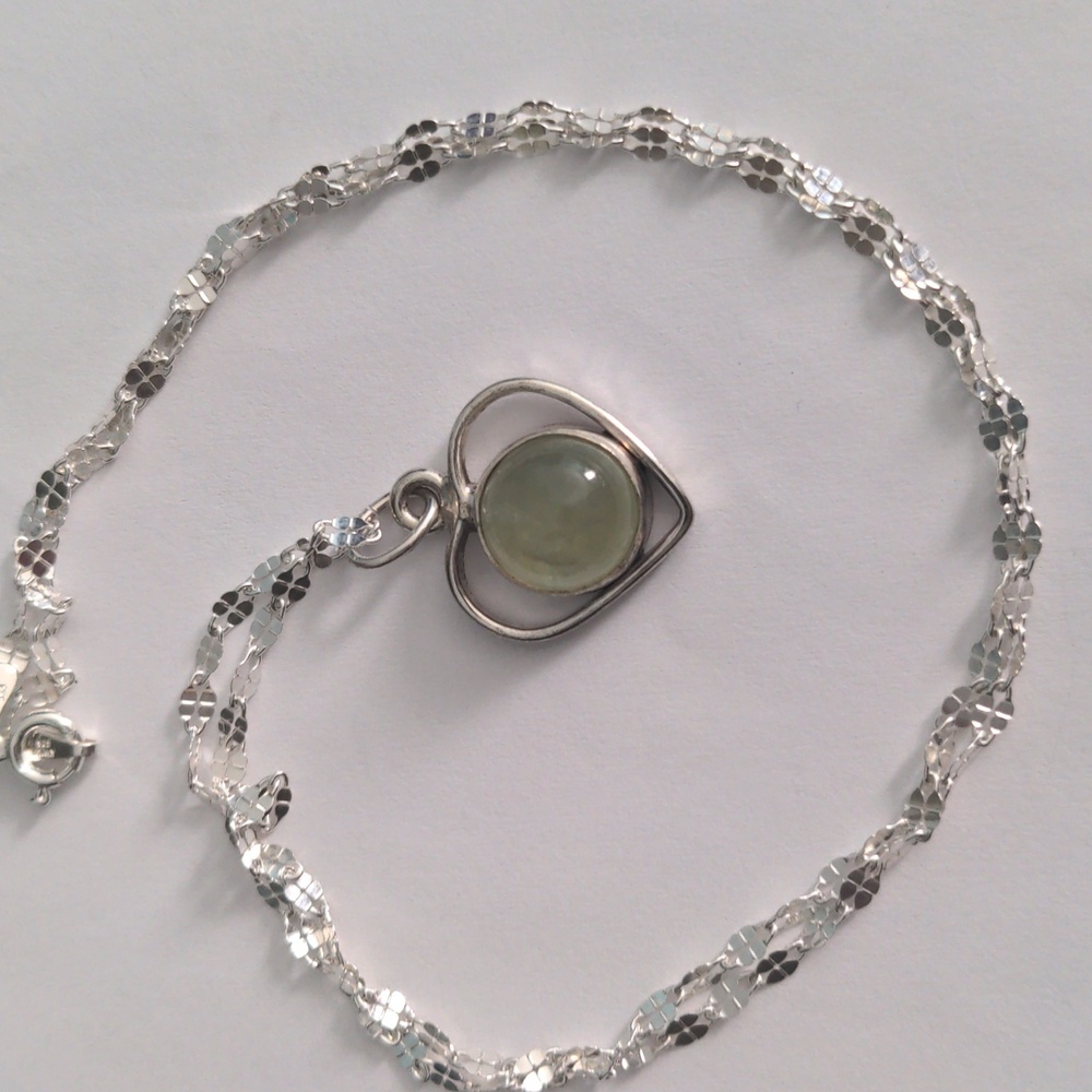 Sterling Silver Heart Prenite Pendant Necklace, 18" Mirror Chain, New Genuine,